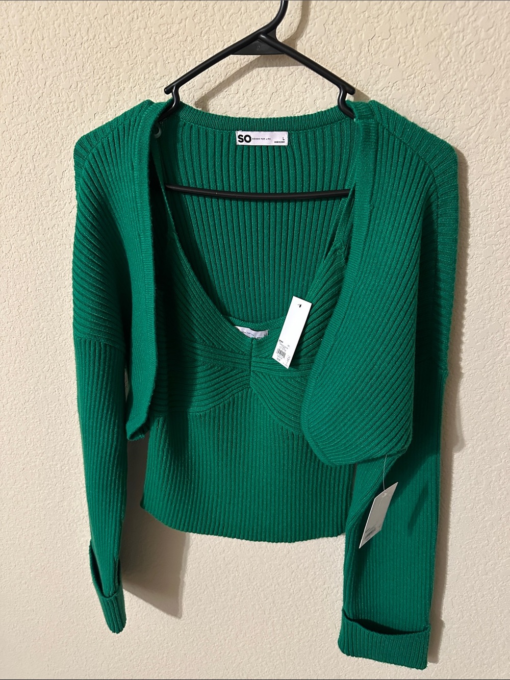SO Emerald Green Ribbed V-Neck Cropped Sweater